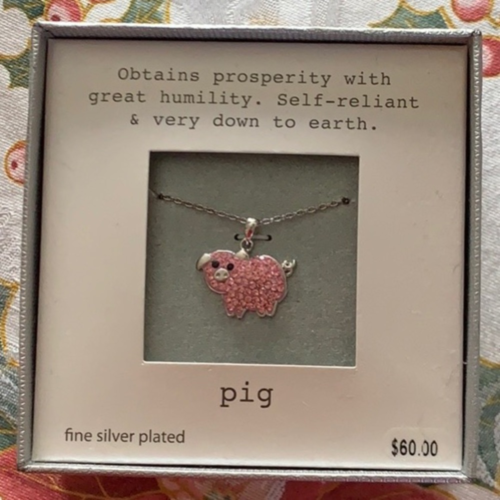 NWT Silver Plated Jeweled Pig Necklace